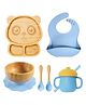 Myneemoe Bamboo Baby Feeding Set with Panda Suction Plate, Bowl, Spoon, Fork, Silicone Bib & Training Cup - 6 Piece Set (6 Months+)-Blue