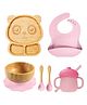 Myneemoe Bamboo Baby Feeding Set with Panda Suction Plate, Bowl, Spoon, Fork, Silicone Bib & Training Cup - 6 Piece Set (6 Months+)-Pink