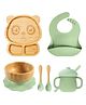 Myneemoe Bamboo Baby Feeding Set with Panda Suction Plate, Bowl, Spoon, Fork, Silicone Bib & Training Cup - 6 Piece Set (6 Months+)-Green