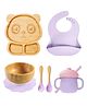 Myneemoe Bamboo Baby Feeding Set with Panda Suction Plate, Bowl, Spoon, Fork, Silicone Bib & Training Cup - 6 Piece Set (6 Months+)-Lavender