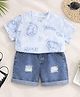 Googo Gaaga Cotton Knit Half Sleeves Teddy Bear Printed Tee & Distressed Shorts Set - Blue