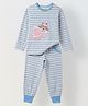 Spunkies Cotton Jersey Knit Full Sleeves Striped & Cat Embroidered Coordinating Tee & Pant Set - Blue