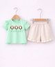 POP STREET KIDS Cotton Knit Half Sleeves Frill Bunny Patch & Bow Applique Detailed Top & Shorts Set - Green