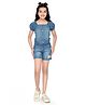 Tiny Girl Denim Woven Half Puffed Sleeves Washed Top & Shorts Set - Blue