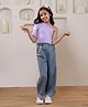 Shorgul Cotton Knit Half Sleeves Solid Ribbed Top & Jeans Set - Purple