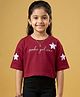 Kaboosh Cotton Knit Drop Shoulder Half Sleeves Metallic Finish Star Applique Detailed  Crop Tee - Maroon