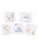 Teri Beri Baby Muslin Washcloths Pack of 5, Soft Cotton Baby Face Towels, Cartoon Printed Baby Wipes Cloth for Newborn, Infant & Kids, Reusable Baby Bath & Feeding Hanky - White