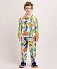 Little Marine Cotton Blend Knit Full Sleeves Dinosaur Printed Tee & Pajama Night Suit - White & Multi Colour