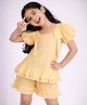 PURPLE UNITED KIDS Cotton Woven Half Puffed Sleeves Frill & Bow Applique Detailed Top & Shorts Set - Light Yellow