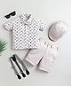Fourfolds Cotton Blend Woven Half Sleeves Abstract Printed Shirt & Shorts Set With Cap Suspender & Bow - Beige