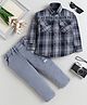 Fourfolds Cotton Blend Woven Full Sleeves Checked Shirt & Pants Set - Grey
