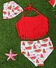 Yellow Bee Sleeveless Tassels Detailed & Watermelon Printed Bikini Swimsuit With Cap - Red & White