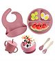 Puchku 6 Pcs Silicone Baby Feeding Set, BPA Free & Microwave Safe Dinner Tableware Kit - Feeding Bowl, Suction Plate, Cup, Spoon, Fork & Bib for Kids ( Pack of 1, Dusky Pink)
