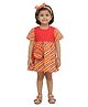Little Ginnie Cotton Woven Half Sleeves Striped Dress With Crossbody Bag & Bow Applique Detailed Headband - Red