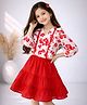 Little Ginnie Cotton Woven Full Sleeves Floral Printed Top & Skirt Set - Red