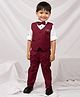 LITTLE COLLARS Blended Woven Full Sleeves Solid 3 Piece Party Suit Set With Bow - Red