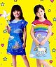 NUSYL Cotton Blend Knit Pack Of 2 Cap Sleeves Bunny & Unicorn Printed Night Dresses - Sky Blue & Dark Pink