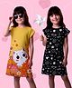 NUSYL Cotton Blend Knit Pack Of 2 Cap Sleeves Cat Floral & Typography Printed Night Dresses - Yellow & Black