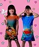 NUSYL Cotton Blend Knit Pack Of 2 Cap Sleeves Girl & Cat Printed Night Dresses - Orange & Sky Blue