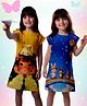 NUSYL Cotton Blend Knit Pack Of 2 Cap Sleeves Girl & Animals Printed Night Dresses - Yellow & Sky Blue