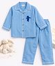 TIPPY TOP Pure Cotton Woven Full Sleeves Bear Patch Detailed Shirt & Pant Night Suit - Blue