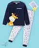 BLUSHES Cotton Knit Full Sleeves Giraffe Printed Tee & Pajama Night Suit - Navy Blue