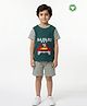 Pranava Organic Cotton Knit Half Sleeves Striped Safari Text Printed Tee & Shorts Set - Green