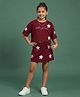 Kaboosh Cotton Knit Half Sleeves Pookie Girl Era Star Text Printed & Star Applique Detailed Crop Top & Skort Set - Maroon