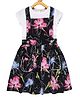 Young Birds Short Sleeves All Over Floral Print Pinafore Dress - Navy Blue & White