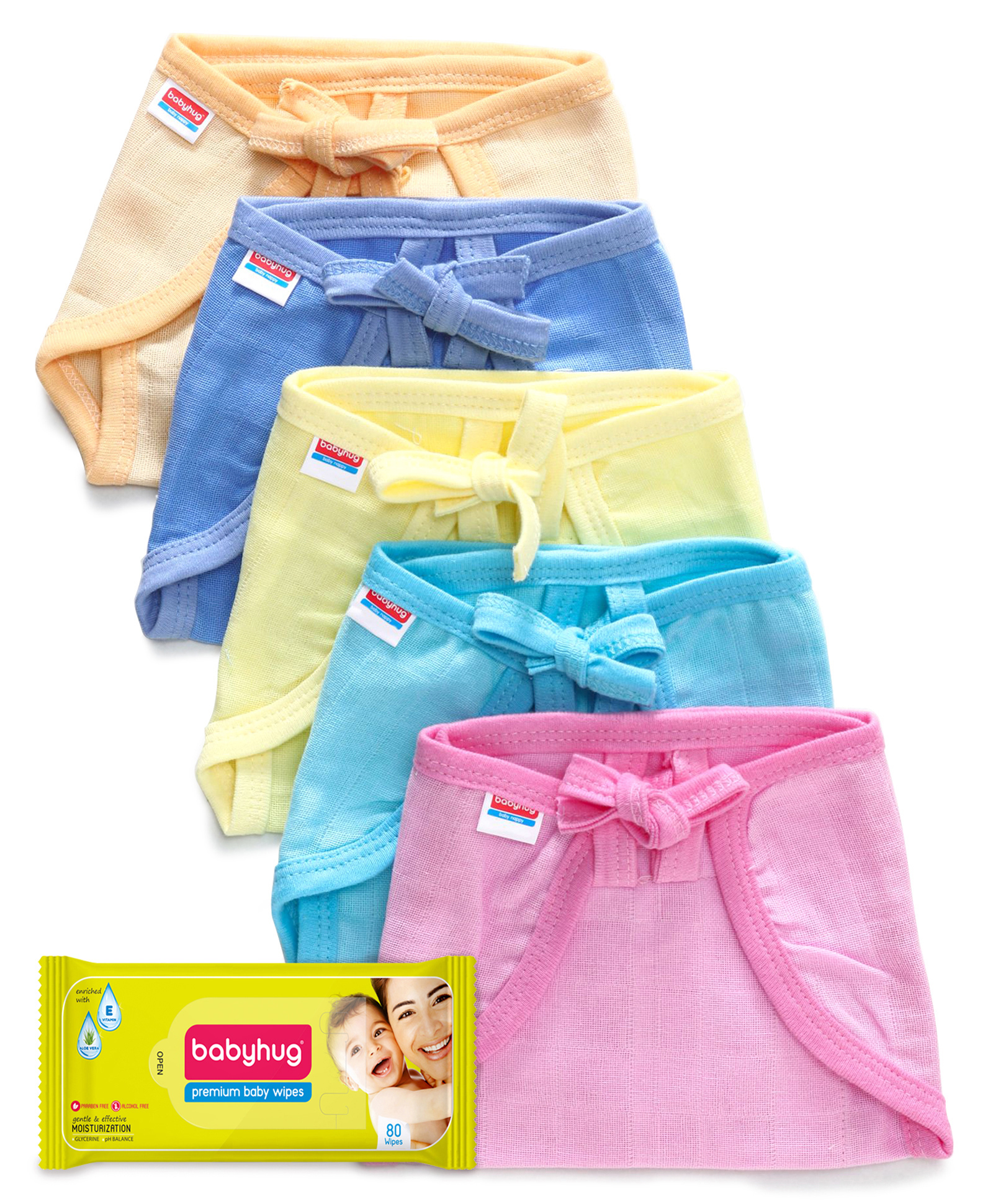 Babyhug U Shape Muslin Nappy Set Lace Small Pack Of 5 - Multicolor- 1 Qty and Babyhug Premium Baby Wipes - 80 Pieces- 1 Qty