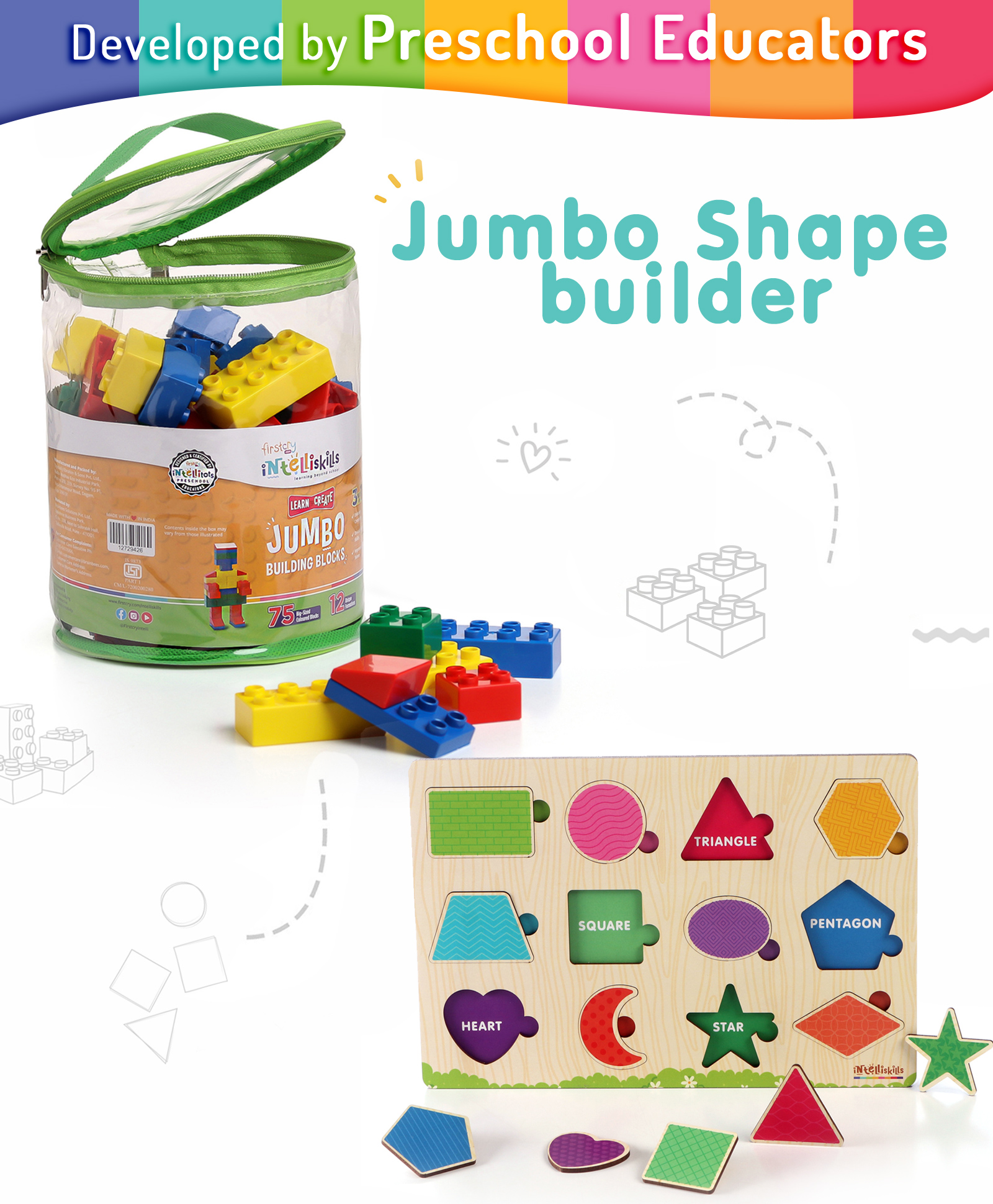 Intelliskills Hide N Seek Shapes Tray & Jumbo Building Blocks Combo