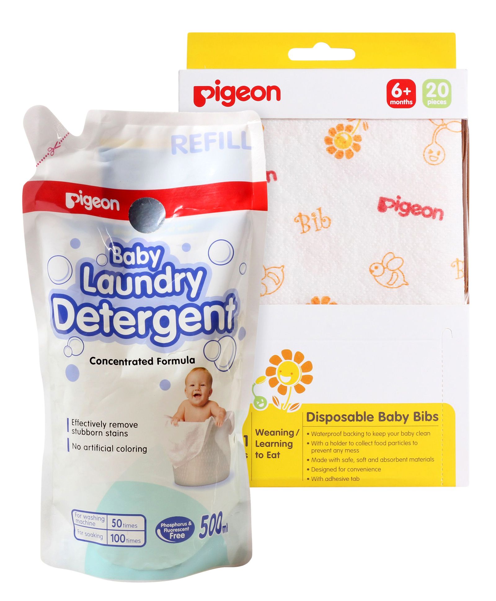 Pigeon Disposable Baby Bibs - Pack of 20 AND Pigeon Baby Laundry Detergent Refill Pack - 500 ml