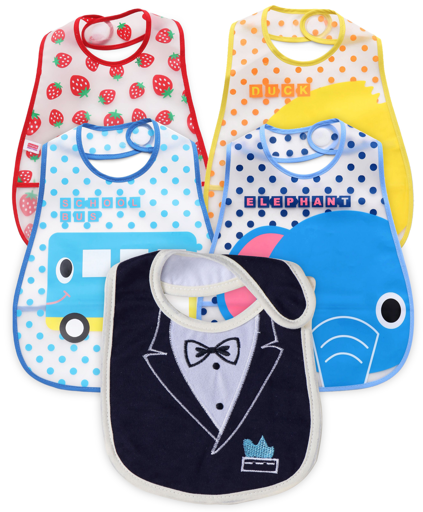 Babyhug Bibs Combo Pack of 5 - (Elephant Duck Bow School Bus & Strawberry Print)