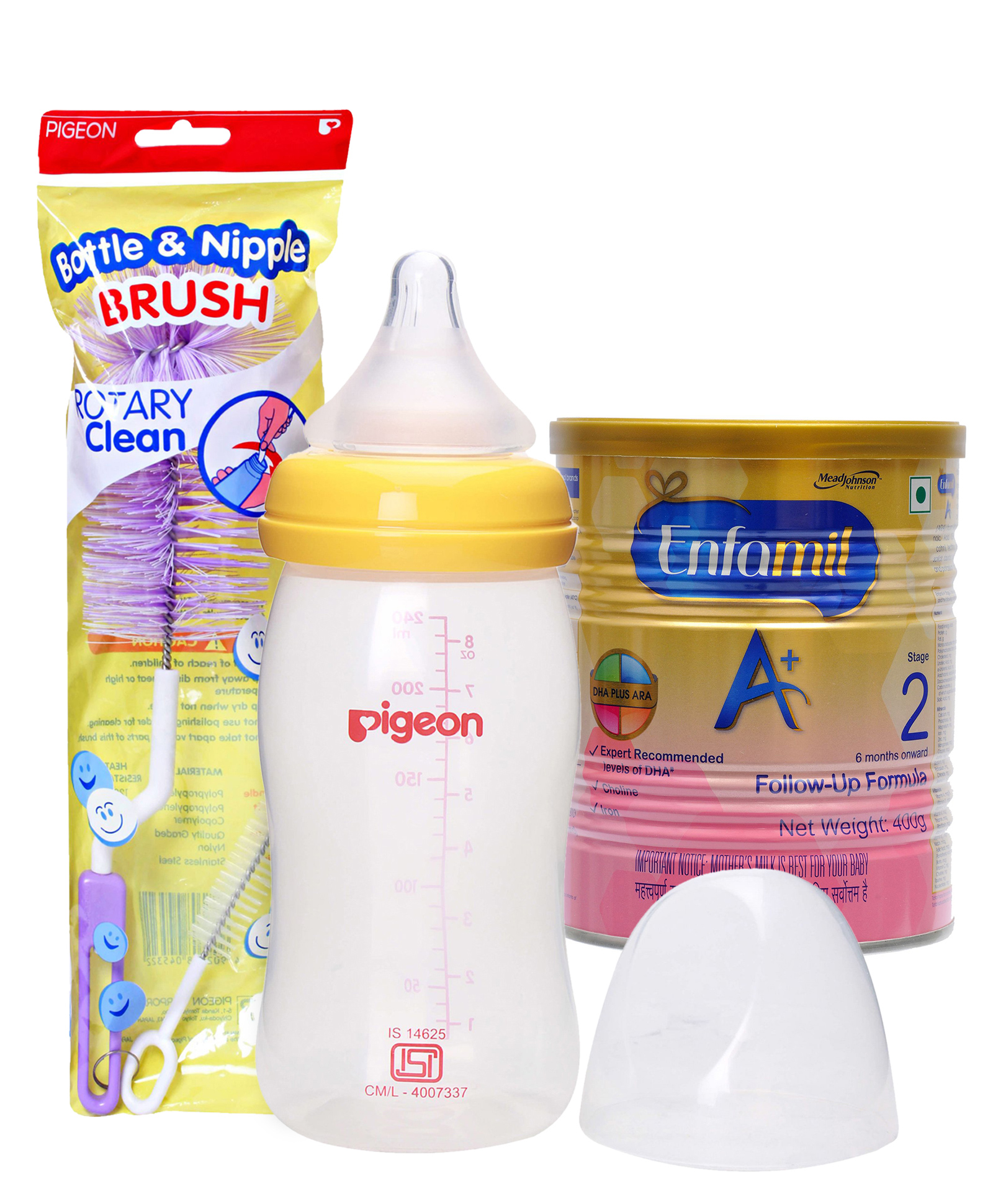 Combo Pack of Enfamil A With DHA Stage 2 Follow Up Formula , Pigeon Feeding Bottle With Medium Flow Teat Yellow & Pigeon Brush For Bottle And Nipple (Color May Vary)