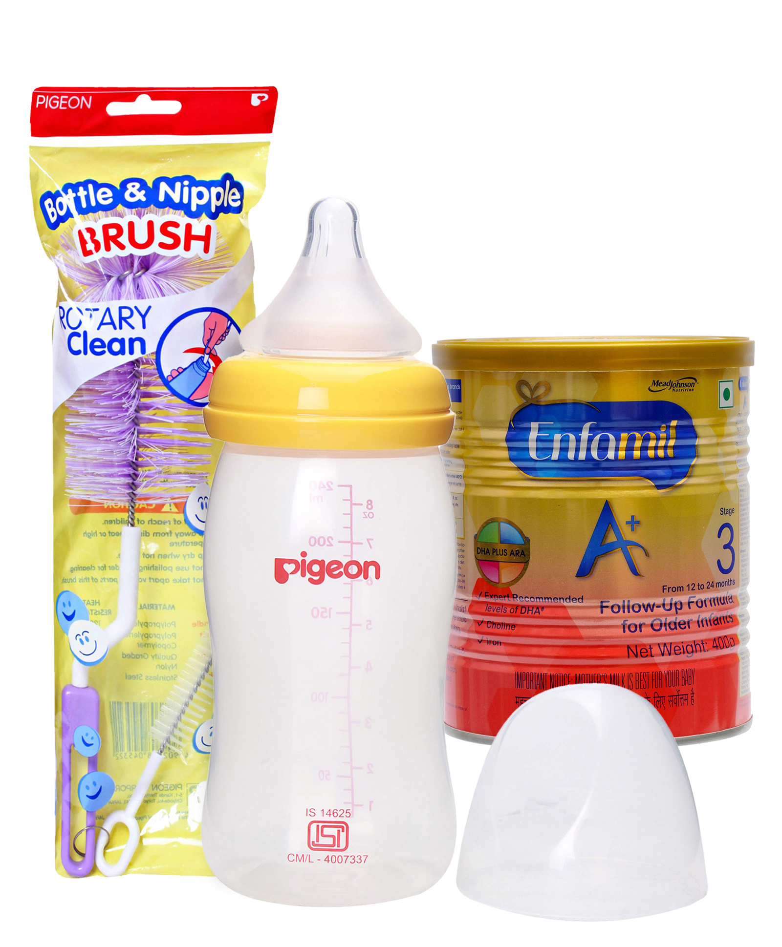 Combo Pack of Enfamil A With DHA Stage 3 Follow Up Formula , Pigeon Plastic Feeding Bottle With Medium Flow Teat Yellow & Pigeon Brush For Bottle And Nipple (Color May Vary)