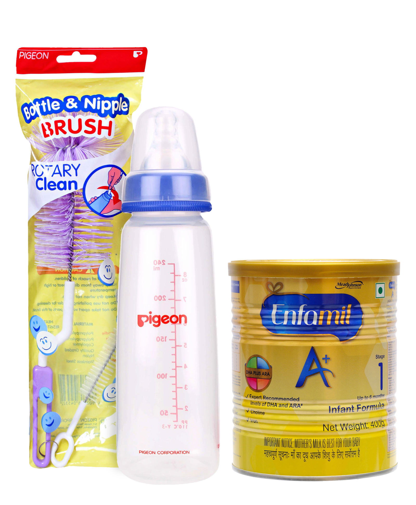 Combo Pack of Enfamil A With DHA Stage 1 Infant Formula , Pigeon Peristaltic Polypropylene Plastic Feeding Bottle Large Nipple Blue & Pigeon Brush For Bottle And Nipple (Color May Vary)