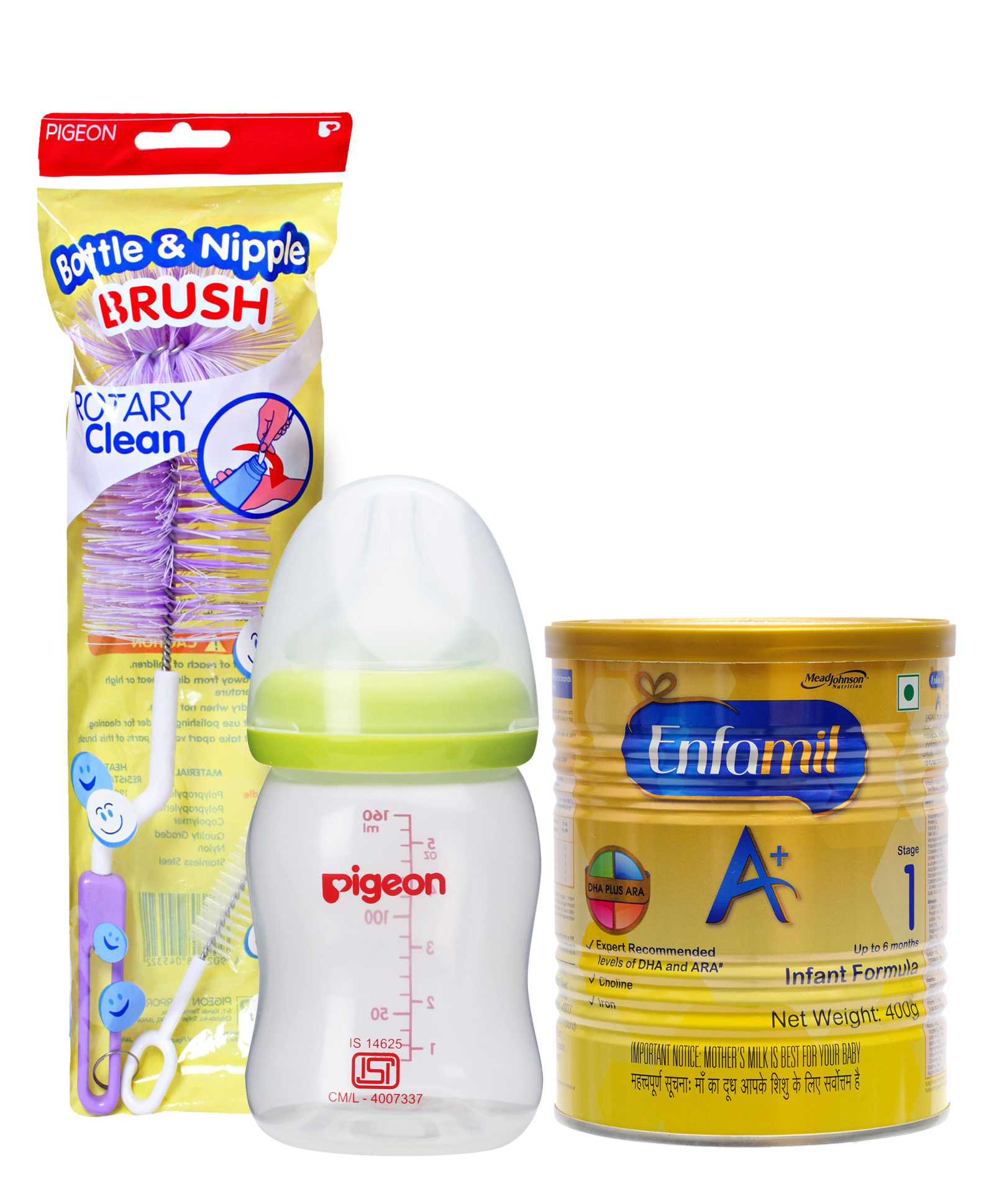 Combo Pack of Enfamil A With DHA Stage 1 Infant Formula , Pigeon Plastic Feeding Bottle With Slow Flow Teat Green & Pigeon Nylon Brush For Bottle And Nipple (Color May Vary)