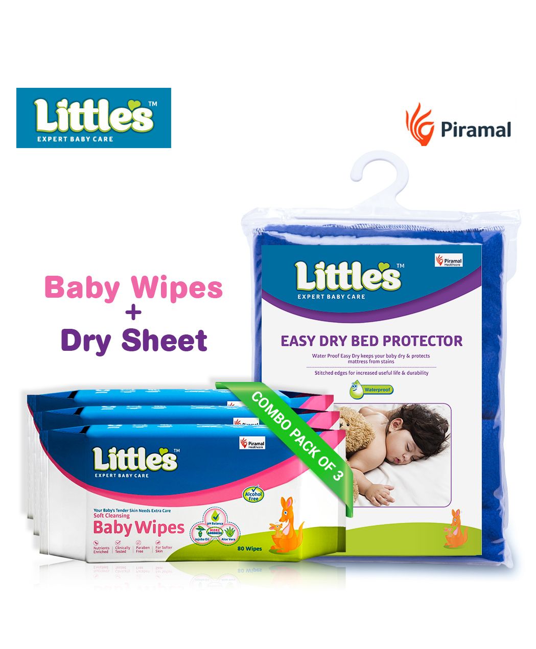 Little's Easy Dry Bed Protector Large & Soft Cleansing Baby Wipes - 80 Pieces -Pack of 3