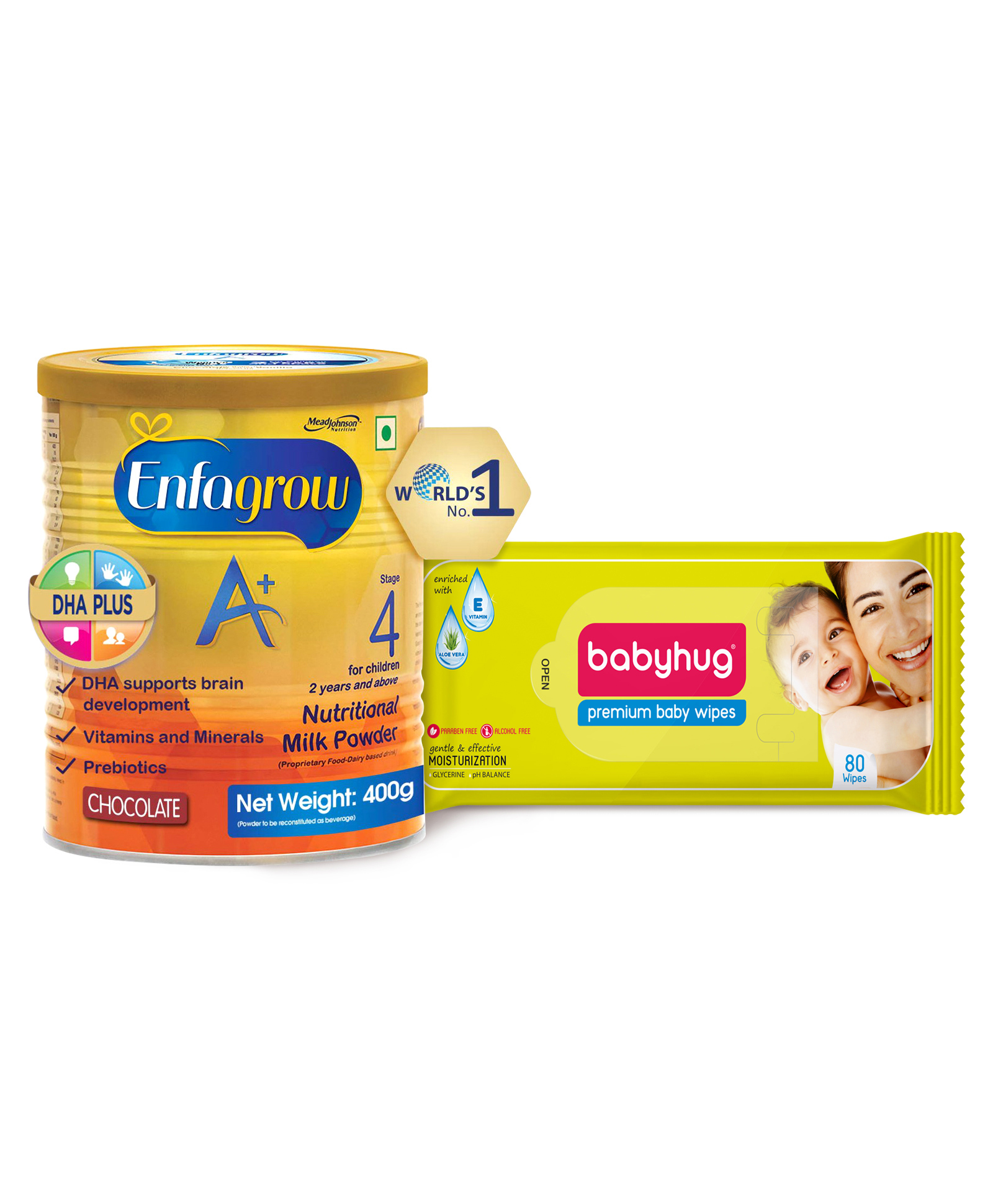 Enfagrow A- Stage 4 Nutritional Milk Powder Chocolate - 400 grams & Babyhug Premium Baby Wipes - 80 Pieces