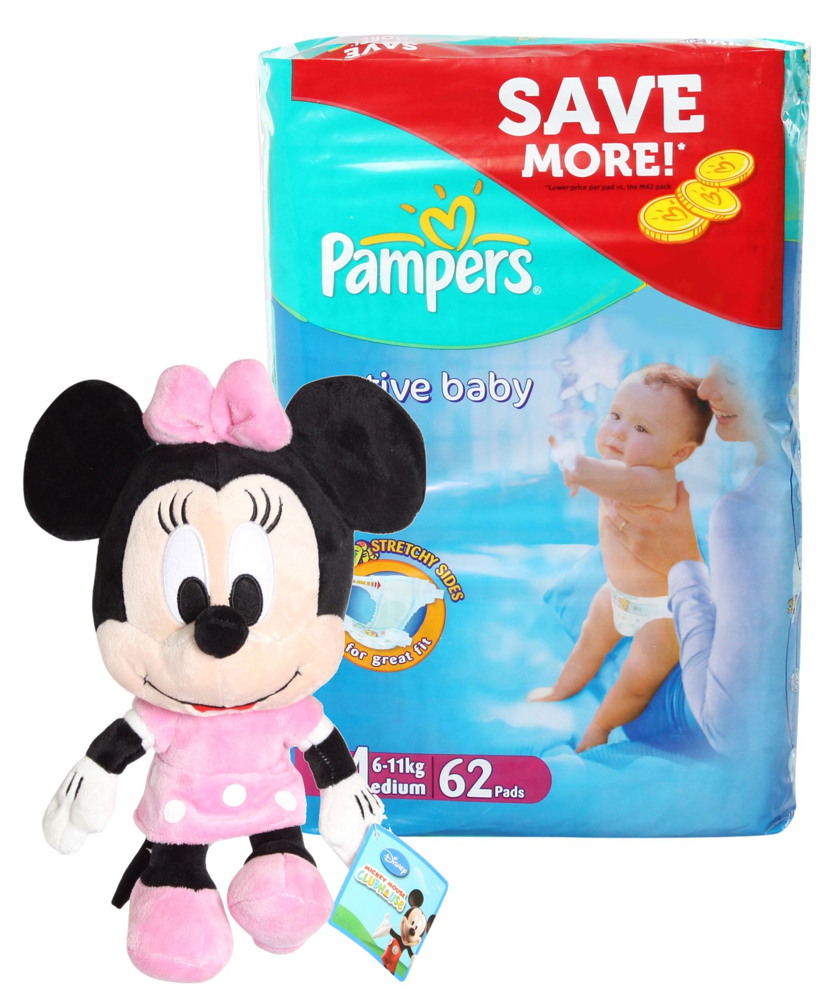 Pampers Active Baby (Imported) L 50 Pieces with Minnie Mouse Plush Toy Combo (Set of 2)
