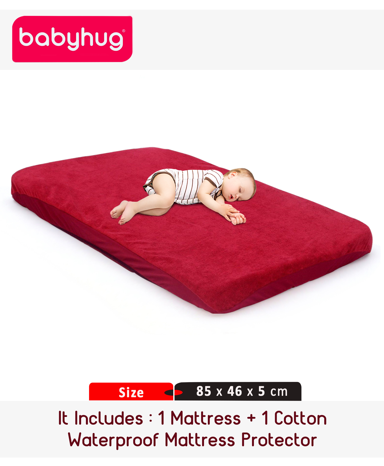 Babyhug Baby Mattress Maroon (Design May Vary) & Babyhug Waterproof Mattress Protector Fitted Sheet - Maroon