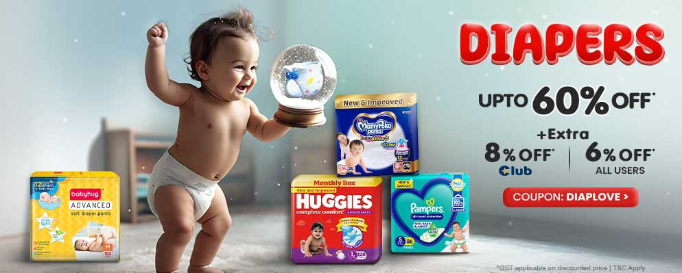 Avail Upto 60% Discount + Additional 8% Discount on Kids Diapers