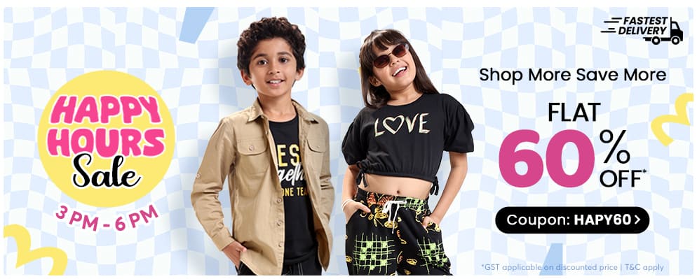 Happy Hours Sale – Get Flat 60% discount on Kids Fashion