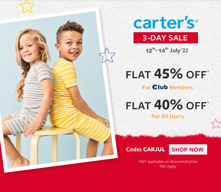 carters Flat 45% OFF* For Club Members Flat 40% OFF* For All Users