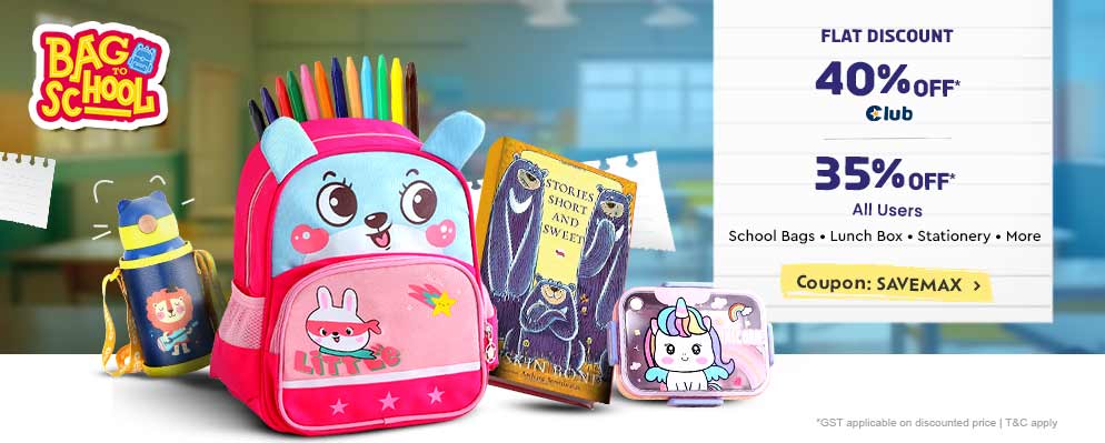 Flat 35% OFF on School Bags Lunch Box Stationary and more