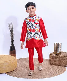 Ridokidz Full Sleeves Kurta With Printed Jacket & Salwar - Red