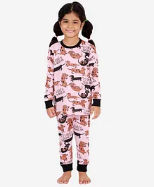 Little Marine Full Sleeves Dogs Print Night Suit - Pink