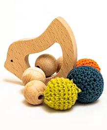 Rocking Potato Bird Shape Wooden Rattle Teether With Crochet Balls - Multicolor