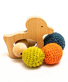 Rocking Potato Duck Shape Wooden Rattle Teether With Crochet Balls - Multicolor