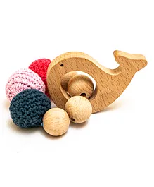 Rocking Potato Fish Shape Wooden Rattle Teether With Crochet Balls - Multicolor